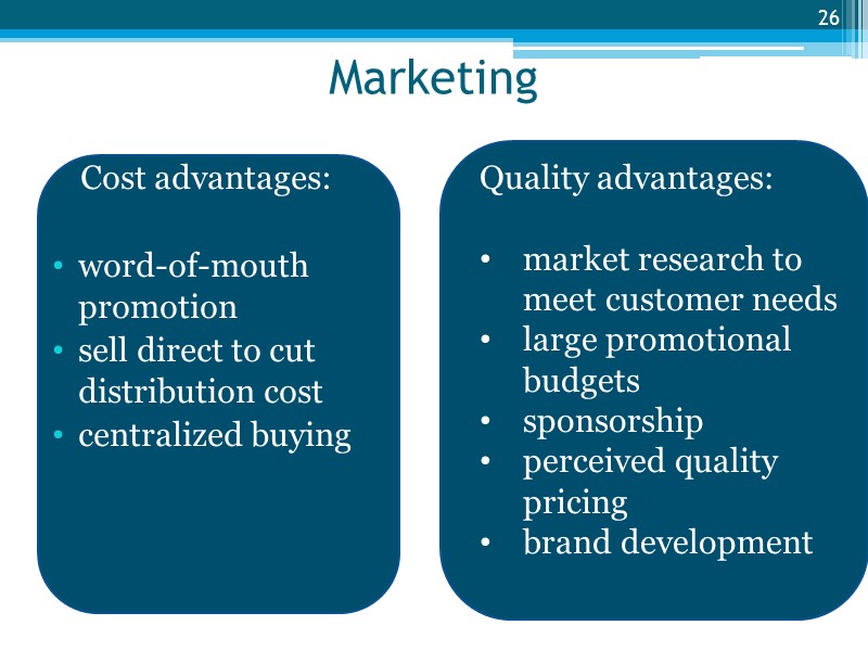 Marketing Cost advantages:  word-of-mouth promotion sell direct to cut distribution cost centralized buying